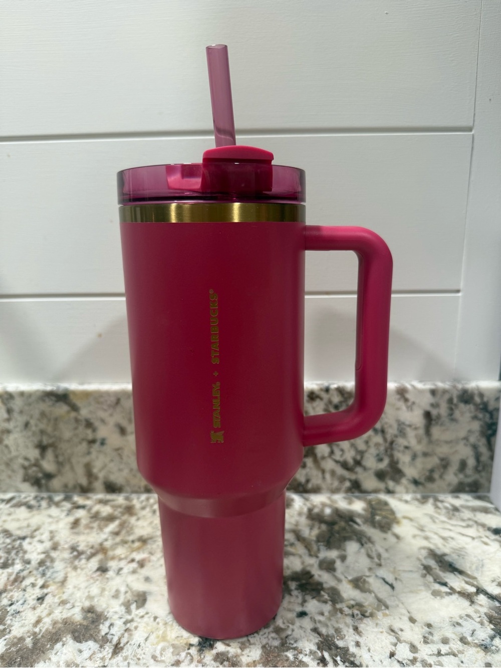 Stanley Pink Travel Mug with Handle and Gold Accents